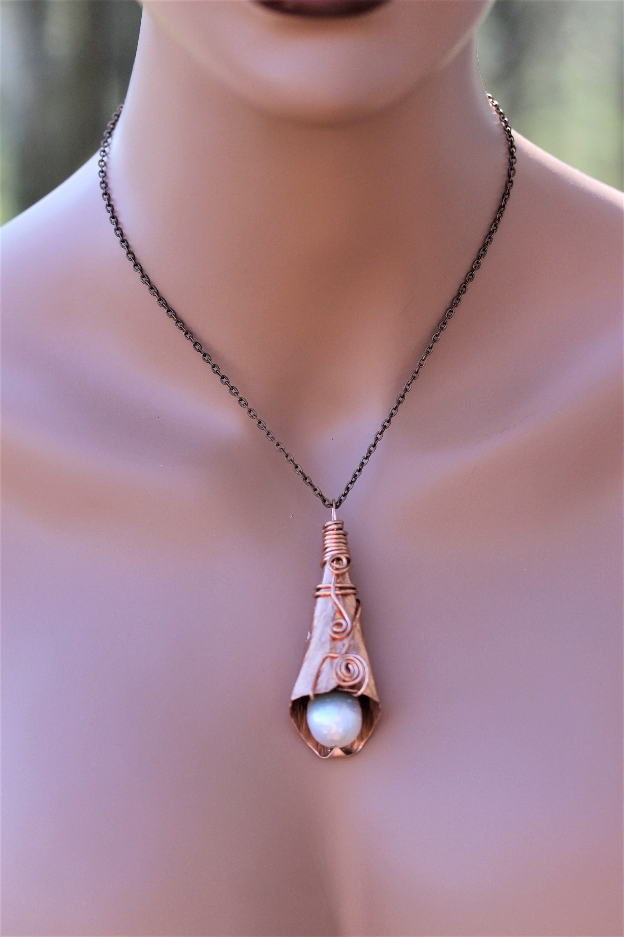 Hammered Copper Necklace Copper Jewelry Pearl on Hammered Etsy