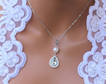 Freshwater Pearl Bridal Necklace: Teardrop Crystal, Stainless Steel Chain