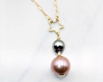 Star jewelry,  Star necklace, Black Pearls, Unique gifts, Pink Pearls, Yellow gold stars, Stars, Work accessory, Everyday jewelry, Gift idea