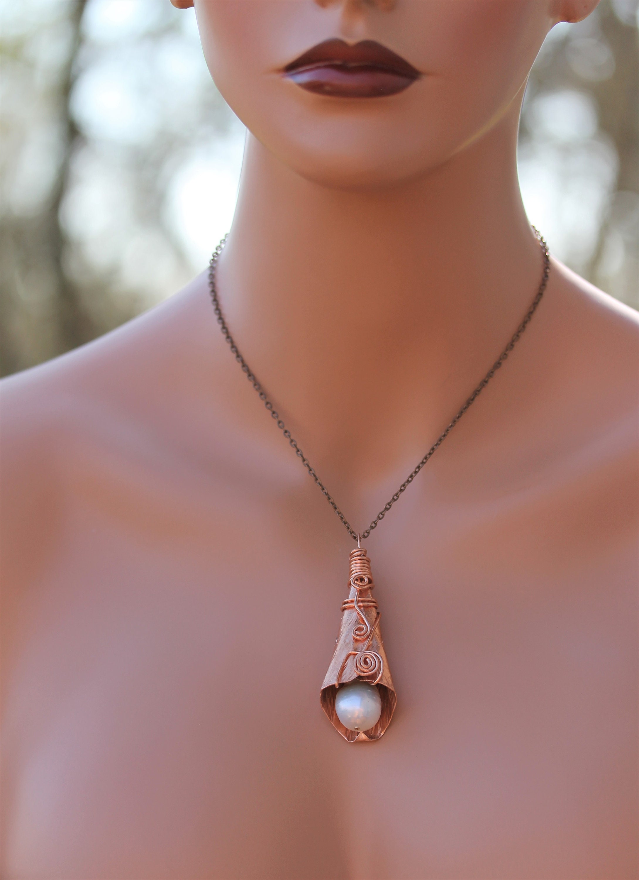 Hammered Copper Necklace Copper Jewelry Pearl on Hammered Etsy