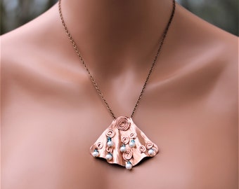 Hammered Copper Mermaid Tail Necklace: Pearl & Blue Topaz Jewelry
