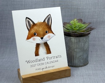 2027 Desk Calendar: Woodland Animals with Optional Wood Stand