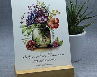 2024 Desk Calendar, Watercolor Flowers, Desk Calendar with wood stand, Calendar, Gift, Desktop, Flowers, Christmas Gift, High-quality