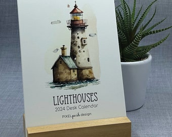 2024 Desk Calendar, Lighthouses, Watercolor, Desk Calendar with wood stand, Calendar, Gift, Desktop, Light, Christmas Gift, High-quality