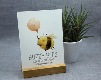 2026 Desk Calendar: Whimsical Bees, Honeybee Office Decor with Optional Wood Stand