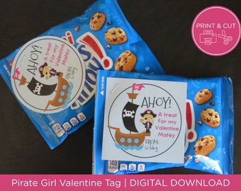 TÉLÉCHARGEMENT INSTANTANÉ Ahoy Matey Pirate Girl Valentine Tag School Valentine Favor Tag Girl Pirate Tag Printable Valentine Day, 3" Tag Instant DIY
