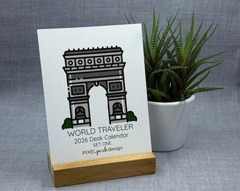 2026 Desk Calendar: Travel Version One, World Landmarks, Minimalist Design, with Optional Wood Stand