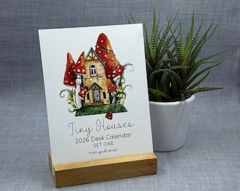 2026 Desk Calendar: Fairy Houses, Whimsical Watercolor, Tiny Homes with Optional Wood Stand