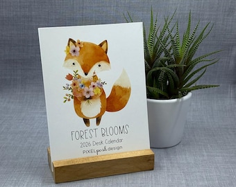 2026 Desk Calendar: Forest Animals with Flowers with Optional Stand
