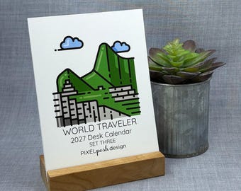 2027 Desk Calendar: World Travel Set Three with Optional Wood Stand