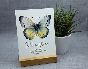 2026 Desk Calendar: Butterfly Version One, Watercolor Art with Optional Wood Stand