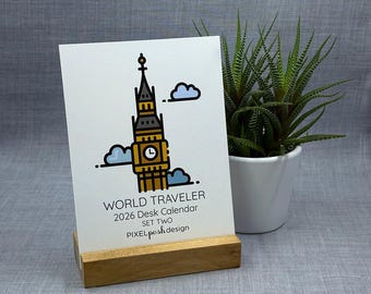 2026 Desk Calendar: Travel Version Two, World Landmarks, Minimalist Design, with Optional Wood Stand
