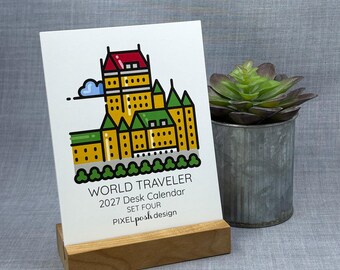 2027 Desk Calendar: World Travel Set Four with Optional Wood Stand