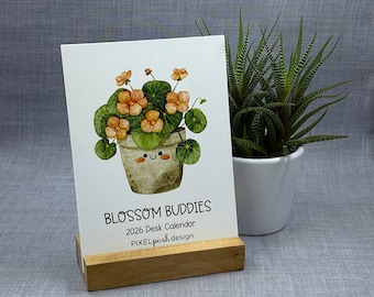 2026 Desk Calendar: Potted Plant, Botanical Blossom Buddies with Optional Wood Stand