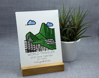 2026 Desk Calendar: Travel Version Three, World Landmarks, Minimalist Design, with Optional Wood Stand