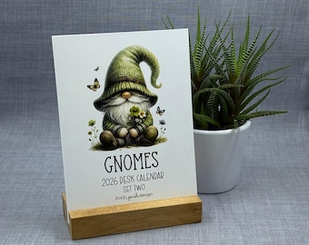 2026 Desk Calendar: Gnomes Version Two, Woodland Whimsy with Optional Wood Stand