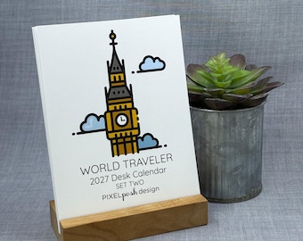 2027 Desk Calendar: World Travel Set Two with Optional Wood Stand