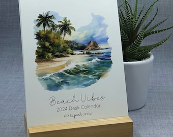 2024 Desk Calendar, Beach Vibes, Desk Calendar with wood stand, Calendar, Gift, Desktop, Flowers, Christmas Gift, High-quality