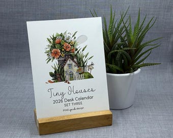 2026 Tiny House Desk Calendar: Whimsical Watercolor with Optional Wood Stand