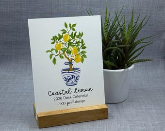 2026 Desk Calendar: Lemons, Coastal Botanical Art with Optional Wood Stand