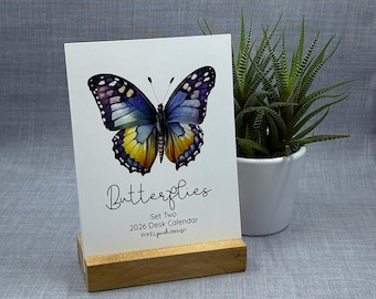 2026 Desk Calendar: Butterfly Version Two, Watercolor Art with Optional Wood Stand