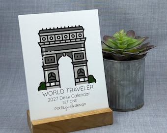 2027 Desk Calendar: World Travel Set One with Optional Wood Stand