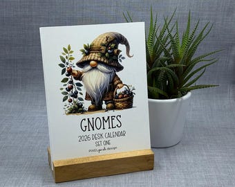 2026 Desk Calendar: Gnomes Set One, Woodland Whimsy with Optional Wood Stand