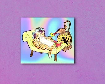 Drunken Dionysus Kitty- 3 inch size- Holographic Vinyl decal sticker- Made by the Artist