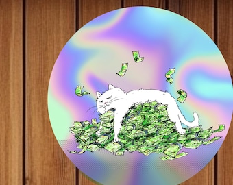 Money Cat Holographic Vinyl Sticker- 4 Inch Size