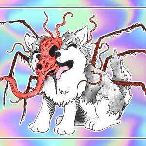 以下が含まれることがあります： 頭から赤い黒の宇宙人が生えている犬の漫画イラスト。宇宙人は長い赤い舌と複数の触手を持っている。