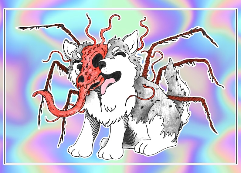 以下が含まれることがあります： 頭から赤い黒の宇宙人が生えている犬の漫画イラスト。宇宙人は長い赤い舌と複数の触手を持っている。