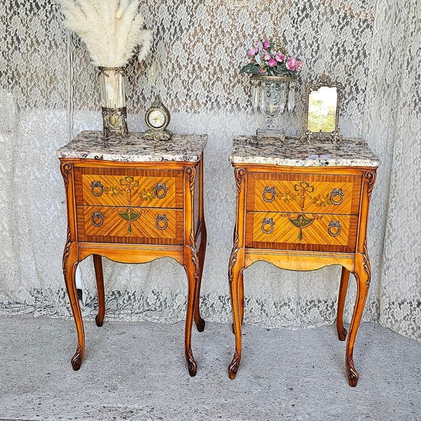 Gorgeous Pair of Louis XV Style Pair of Bedside Tables, French End Table with Original design, Marble Counter top