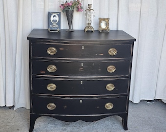 Black Vintage Chest of Drawers, Distressed,  Duncan Phyfe Style,