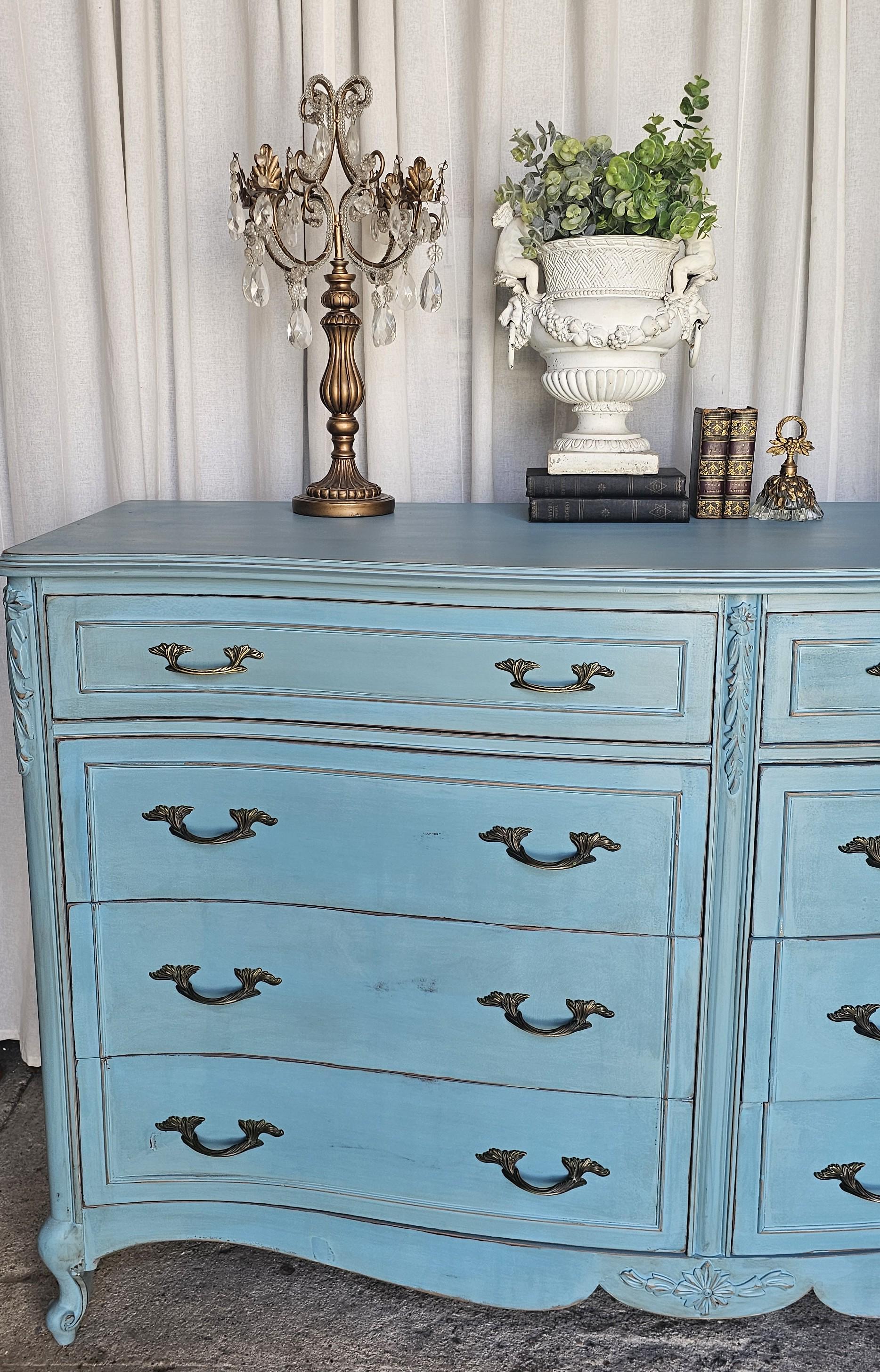 Vintage Turquoise French Provincial Double Dresser, Distressed Solid Wood Furniture