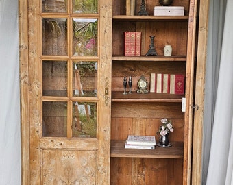 Antique French Louis Philippe Bookcase/Cupboard in Chestnut w/ Glass Panels, Library Cabinet, Farm House
