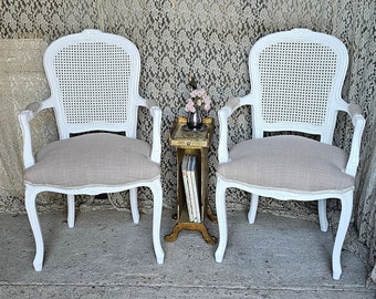 French Provencial Chairs, Parlor Canned Back  Chairs, Vintage Romantic White Chairs