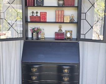 Black Chippendale Style Secretary desk/ Secretary Hutch, Circa 1940's