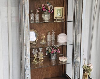 Vitrine Cabinet, French Bluish Display Cabinet/ Case, Cracked / Peeling paint