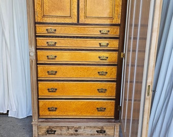 Gorgeous, Antique Burled Cabinet, Wooden Farm House Chest of Drawers, Mirrored Door Cabinet Chest