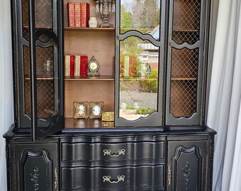 Vintage China/ Display Cabinet, Black Display China Cabinet, Boho Style, Circa 1950's