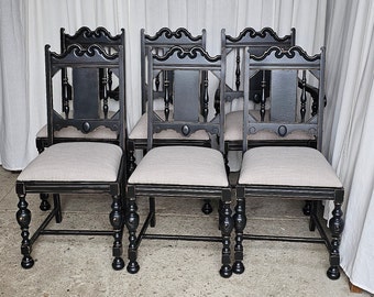 Vintage Jacobean Set of Six Dining Chairs, Circa 1930's Jacobean Black Chairs