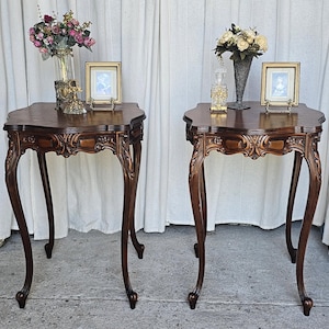 Pair of French Louis XV Style side tables, Wooden Inlaid Design.