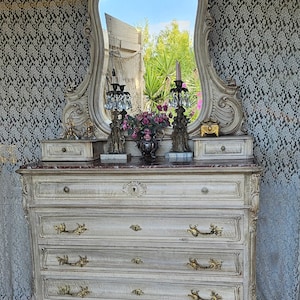 Vintage French Dresser with Mirror, Oak Dresser, Farm House, French Country Style, Circa Late 1800's with Marble Counter top
