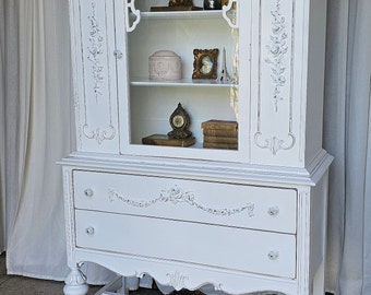 Vintage Jacobean Display Cabinet, White Romantic Style Display Cabinet, Circa 1930's