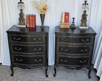 Gorgeous Pair of End Tables, Drexel Touraine Branded, Circa 1950's, Black, French Provencial