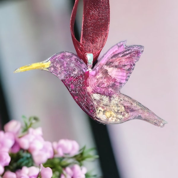 Keepsake Dried Funeral Flower Hummingbird, Bird Ornament, Christmas Ornament, Memorial Dried Keepsake, Flower Ornament Resin, Bird Keepsakes