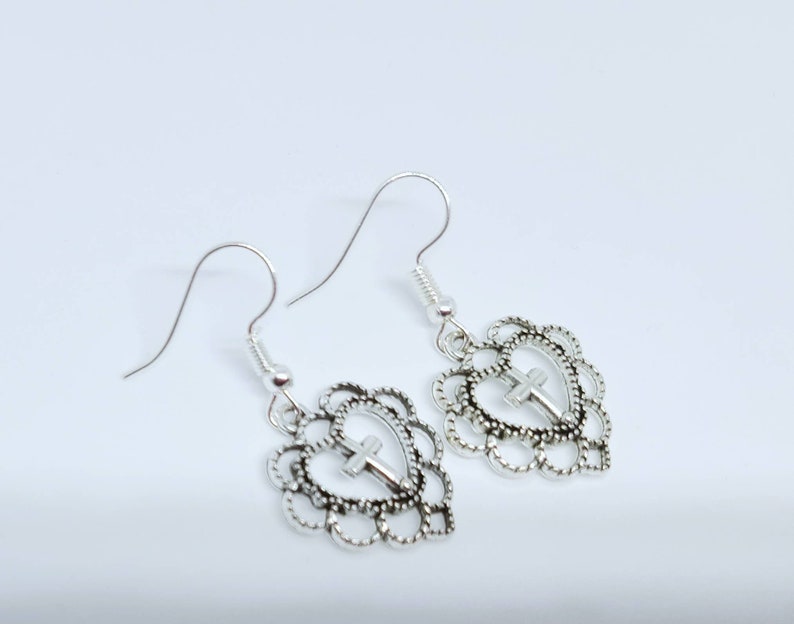 Dangle Heart with Cross Earrings Heart Earrings