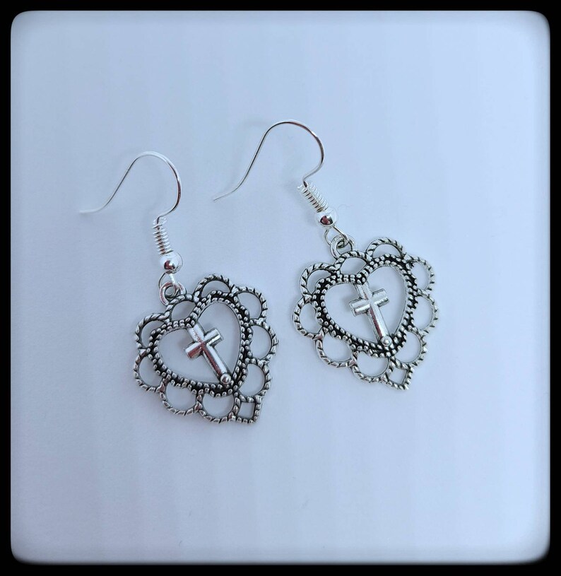 Dangle Heart with Cross Earrings Heart Earrings