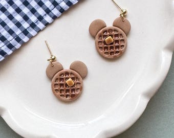Magic Mouse Waffle Dangle Earrings | Mickey Waffle Dangles | Park Treat Earrings | Handmade Clay Earrings