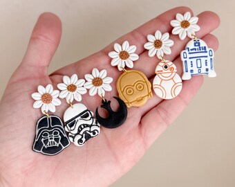Space Saga Droid Daisy Earrings | Droid Daisy Dangles | Handmade Clay Earrings | Space Wars Clay Earrings